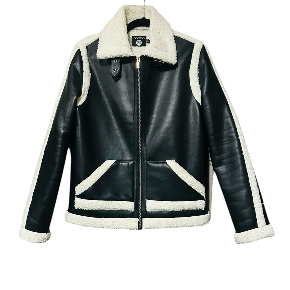 boohoo Black Faux Leather Aviator Jacket with White Teddy Trim  Size 2